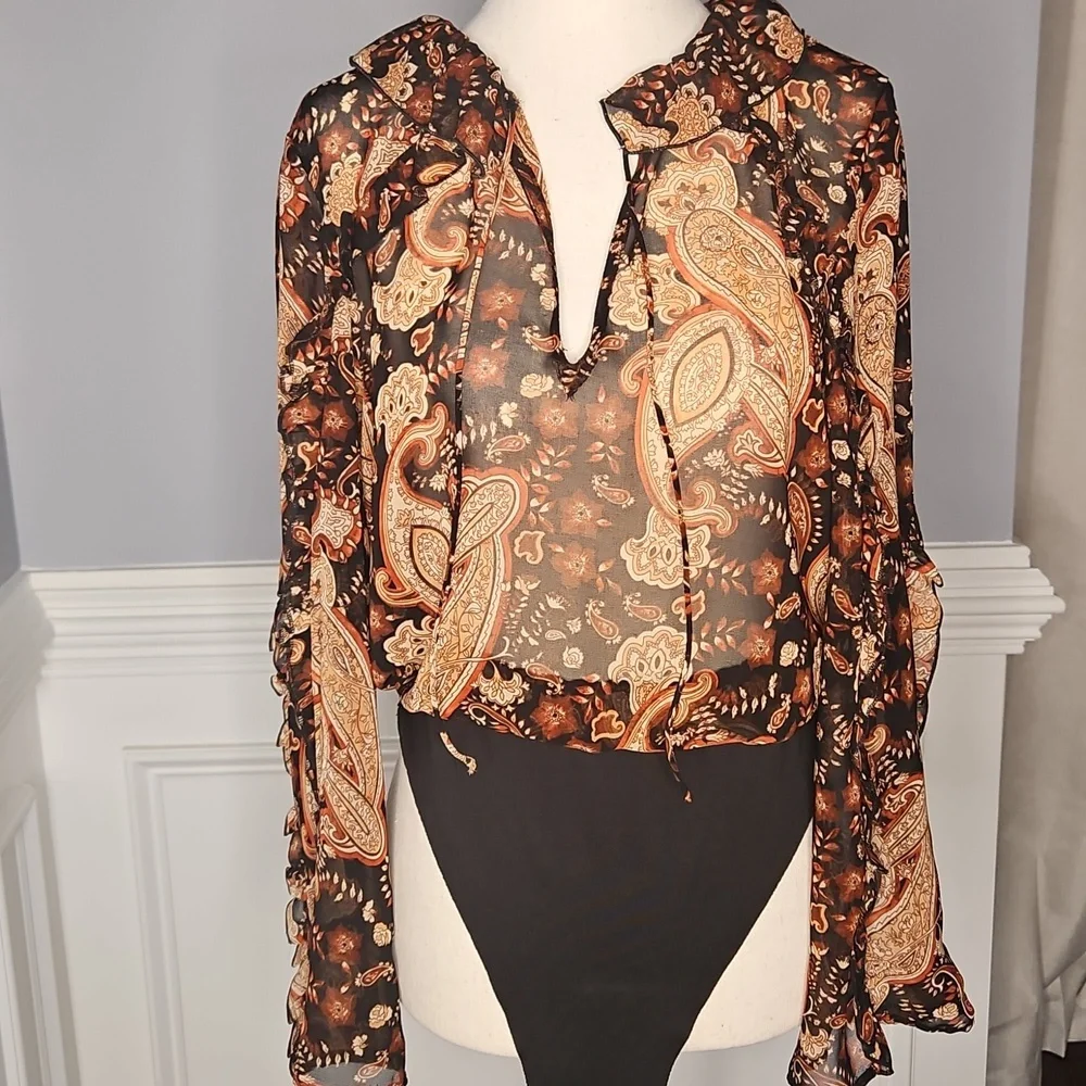 Zara Women's Paisley Semi-Sheer Ruffled Bodysuit - Picture 6 of 15